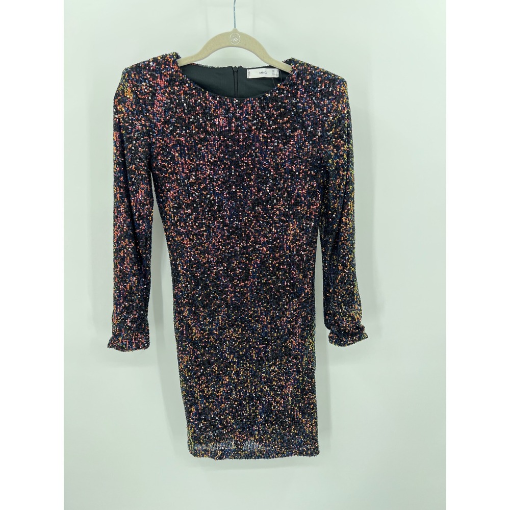 MNG Sequin Long Sleeve Mini Dress Multicolor Shoulder Pads Party‎ Size S